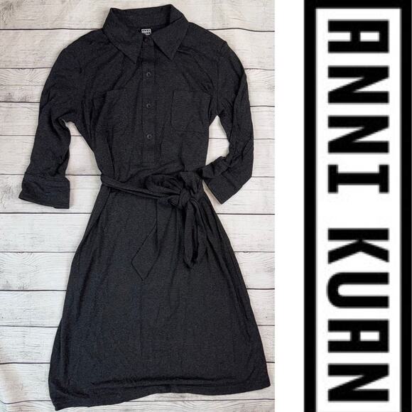 Anni Kuan Women's Charcoal Gray Belted Shirt Dress with Stretch Size Small - Picture 2 of 8
